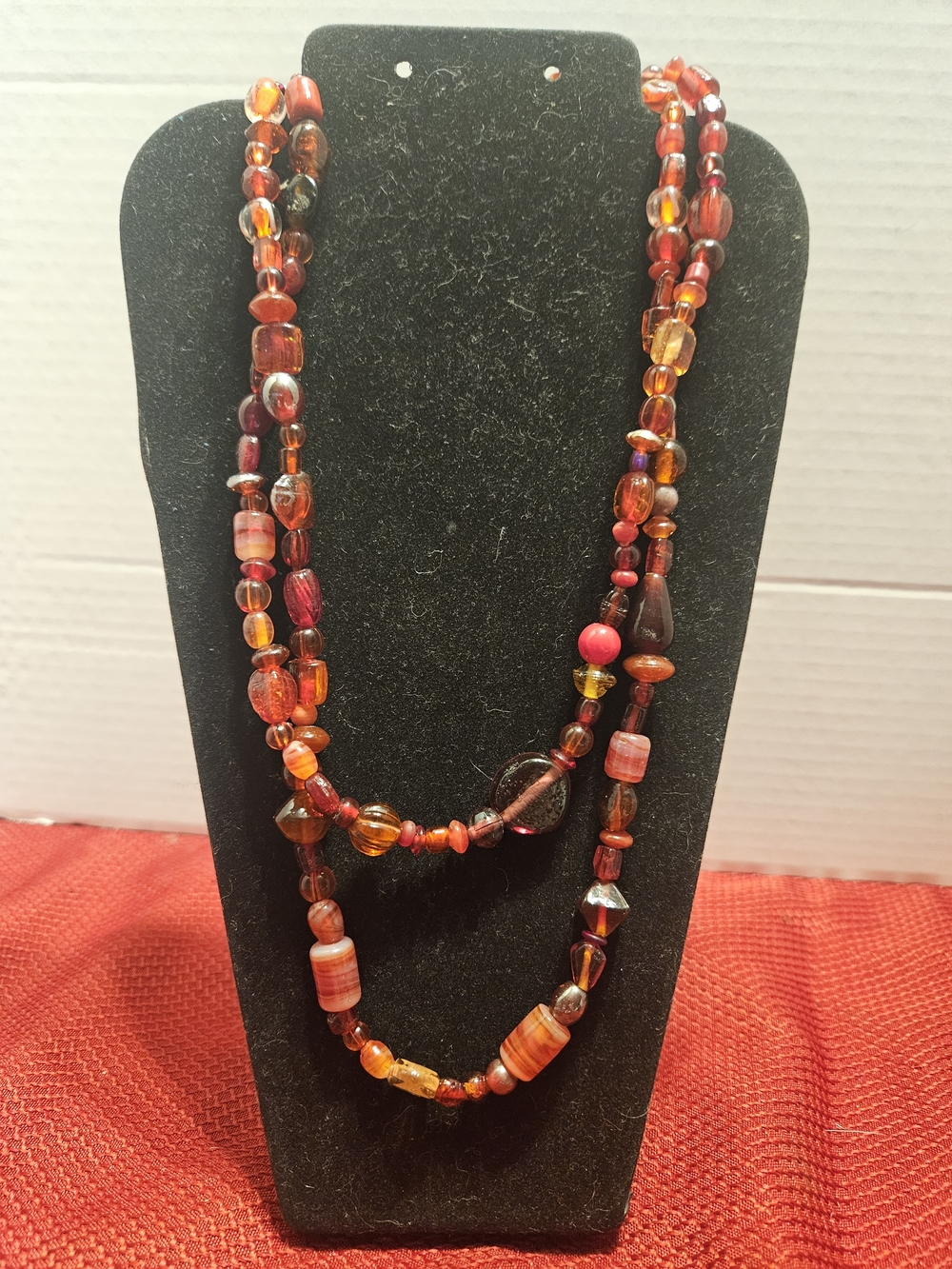 Layered Red and Amber Glass Bead Necklace - Women Jewelry
